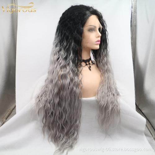 Side Part Long Water Wavy Dark Roots Ombre Grey Long Cheap Lace Fiber Wig Synthetic Hair For Women Vendor Price